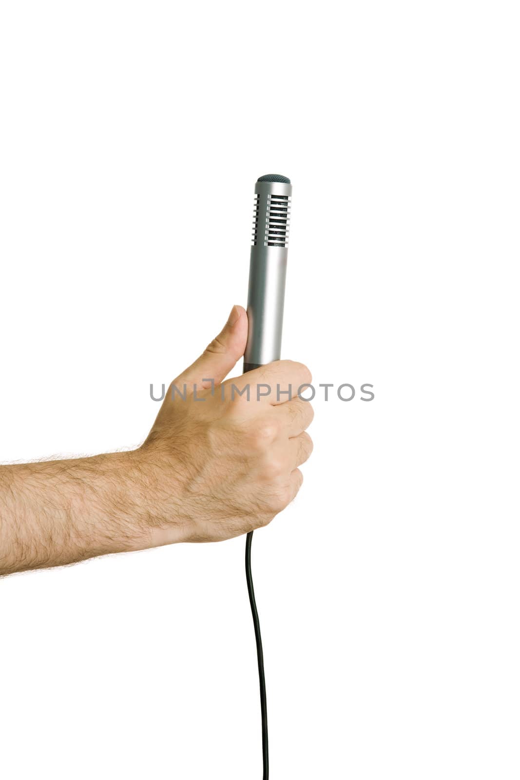 hand of the man with microphone isolated on white background