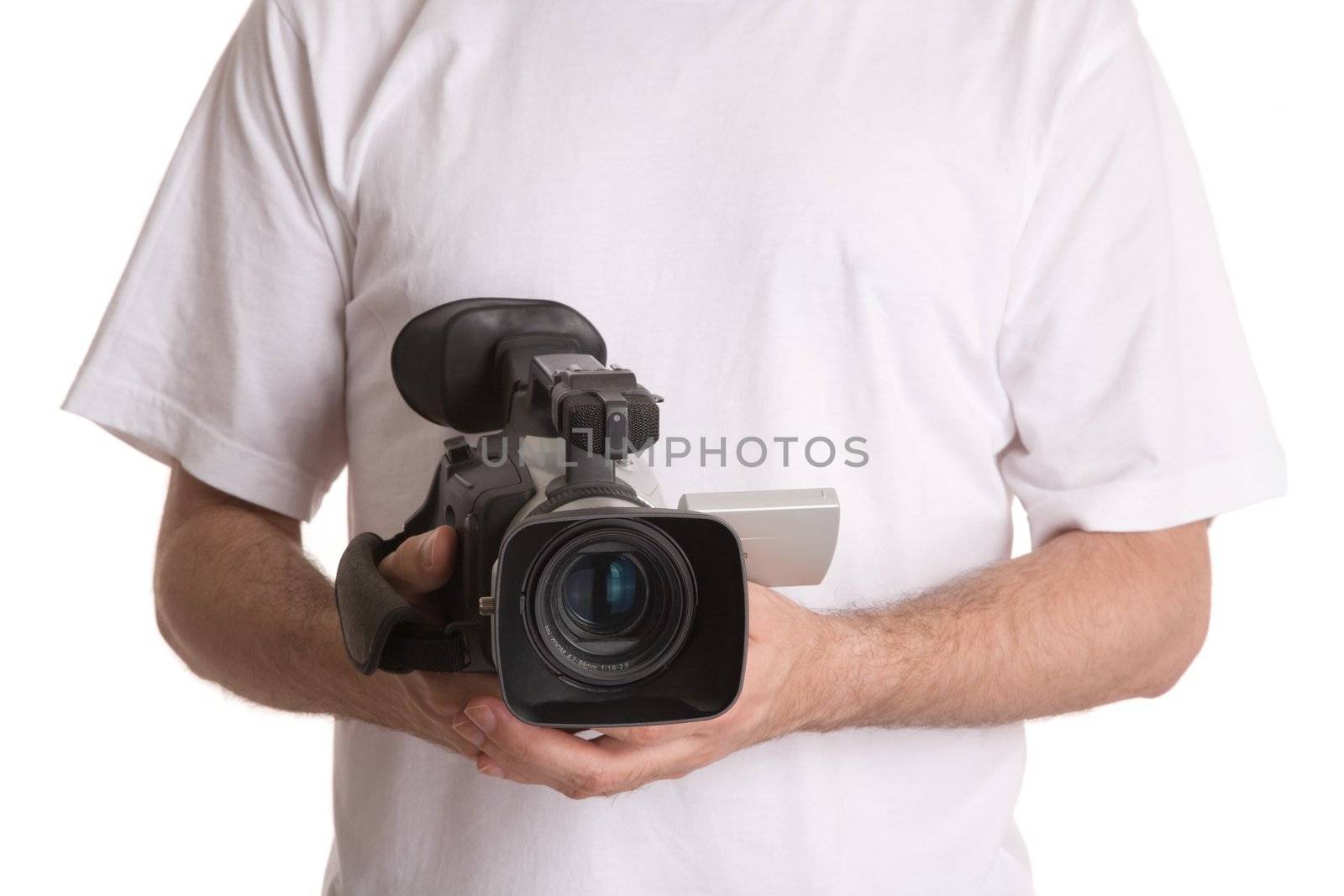man with camera isolated on white background