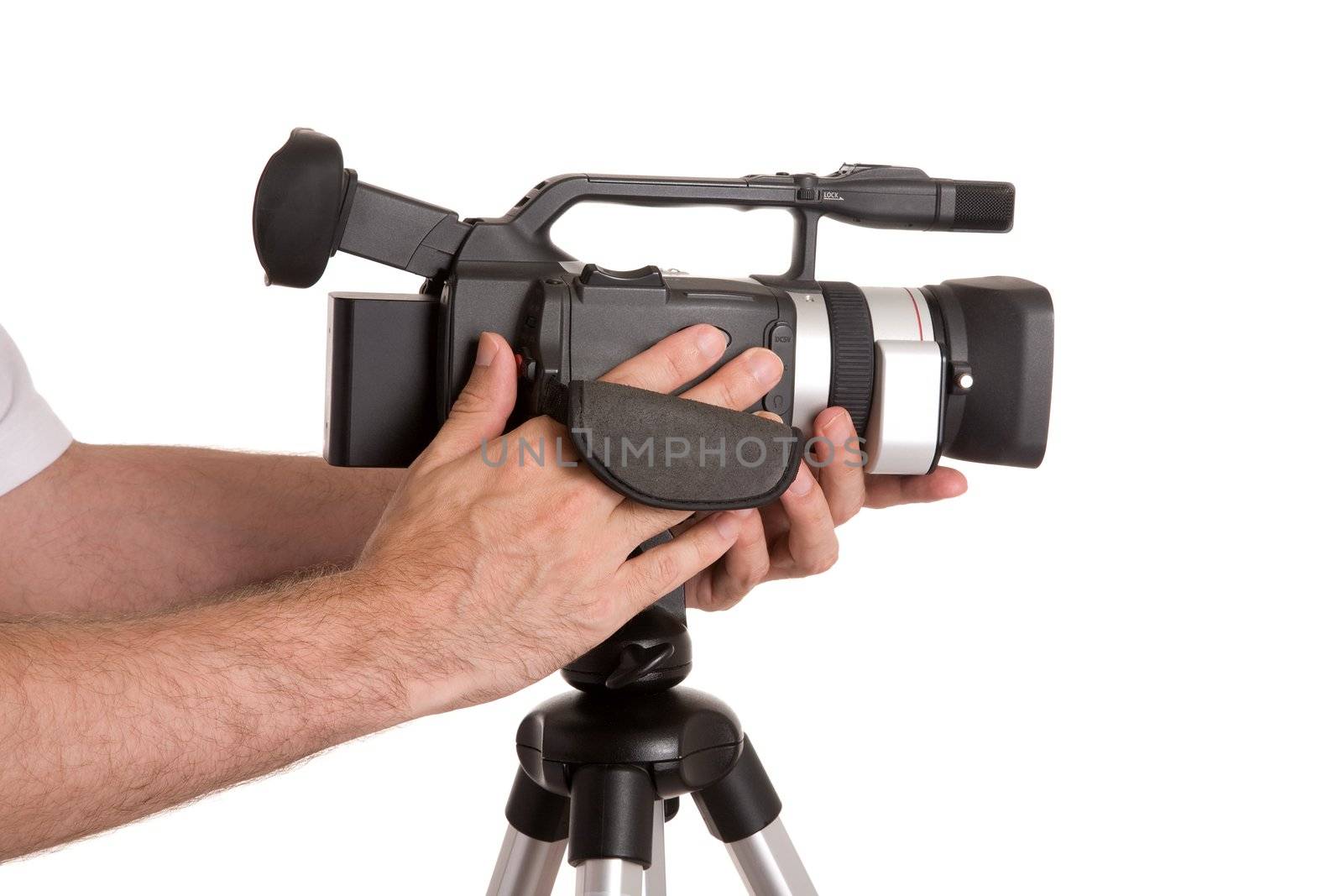 hands of man with camera isolated on white background