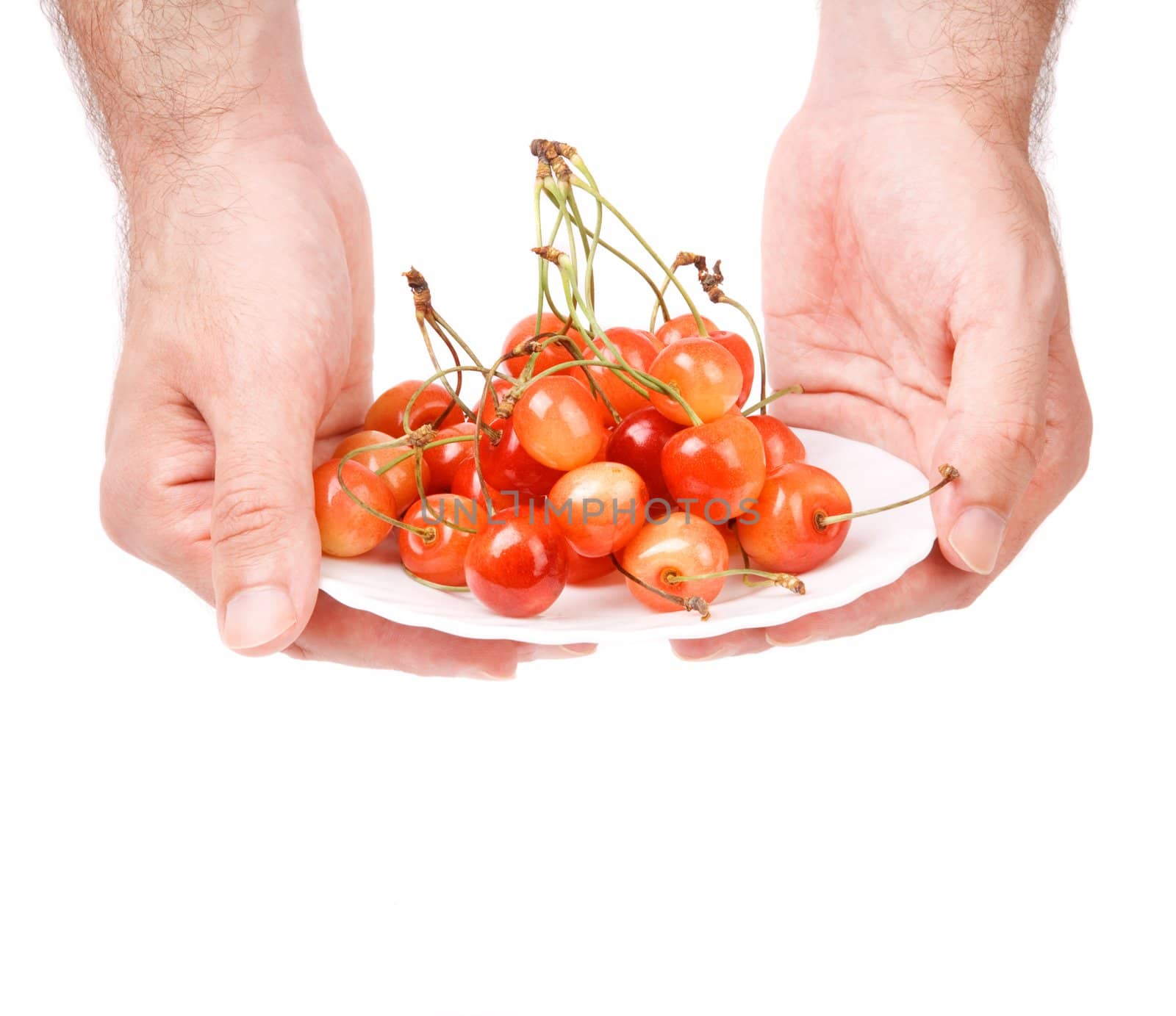 diet concept with hands of man and cherry isolated on white background