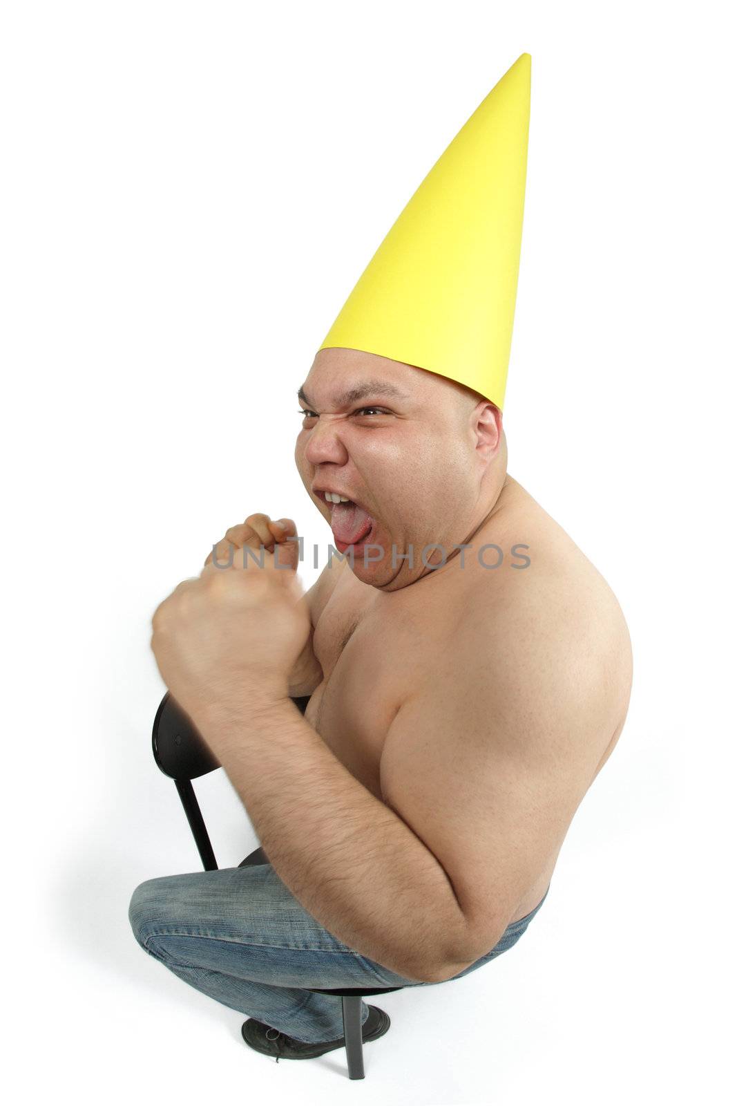 Fool sitting in the corner wearing a dunce cap freaking out.
