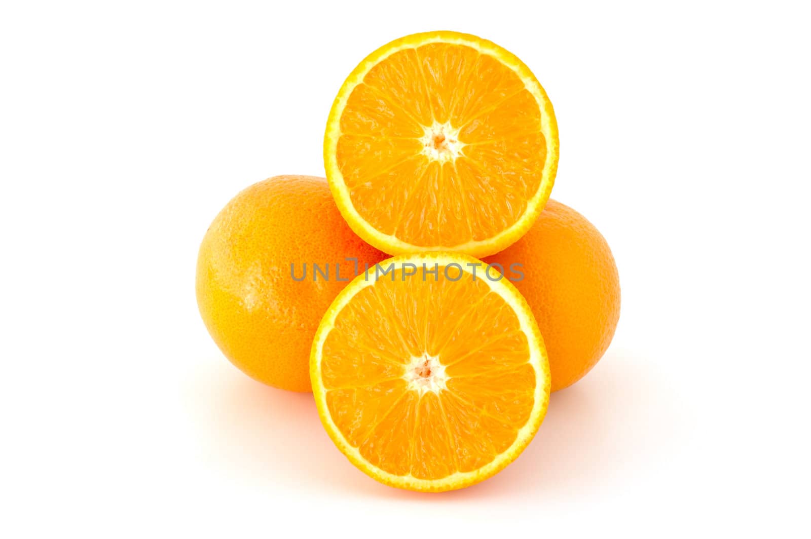 Few juicy oranges on verwhite (not isolated) background.