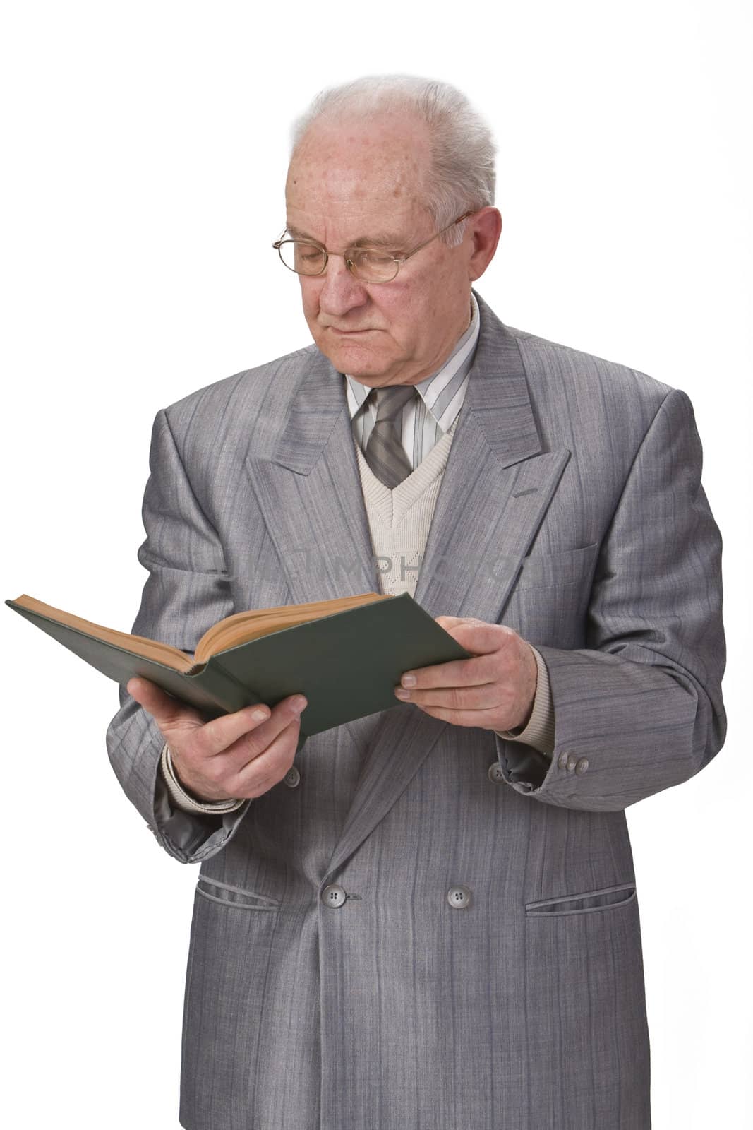 Senior man reading a book against a white background.Shot with Canon 70-200mm f/2.8L IS USM