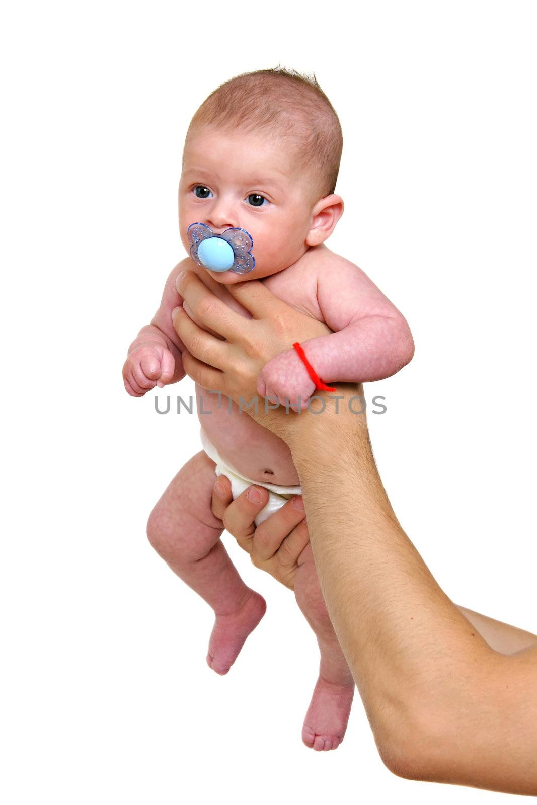 Infant baby isolated on white held by his dad