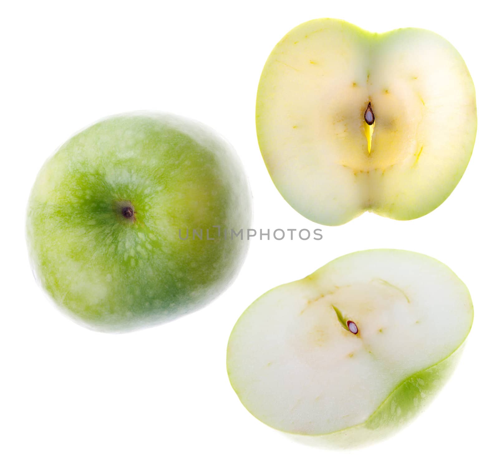 Green present apple.Whole and cut by Fanfo