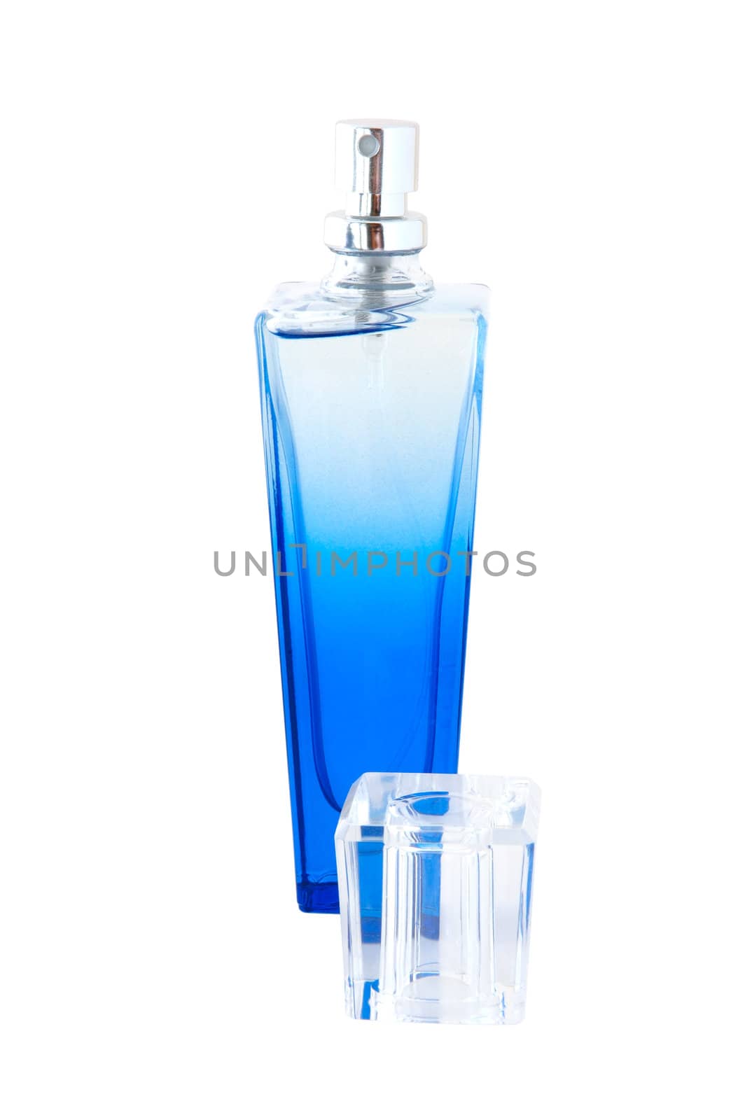 Perfume in deep blue scent-bottle on isolated background.