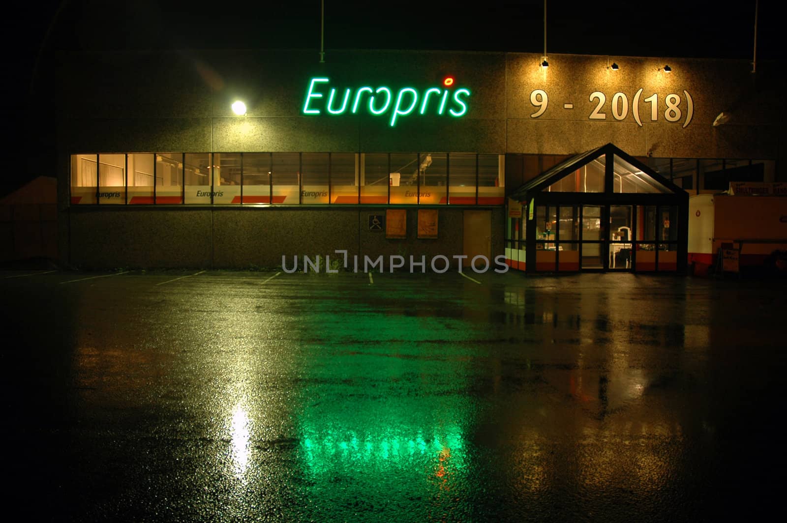 Europris. Norwegian shop. Nightshoot.
Bommestad, Larvik, Norway - 2006.