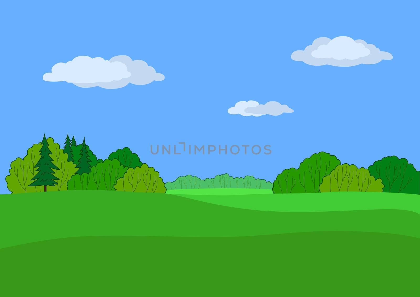 Beautiful summer day Central Russian landscape: a green meadow, deciduous and coniferous trees and blue sky with clouds