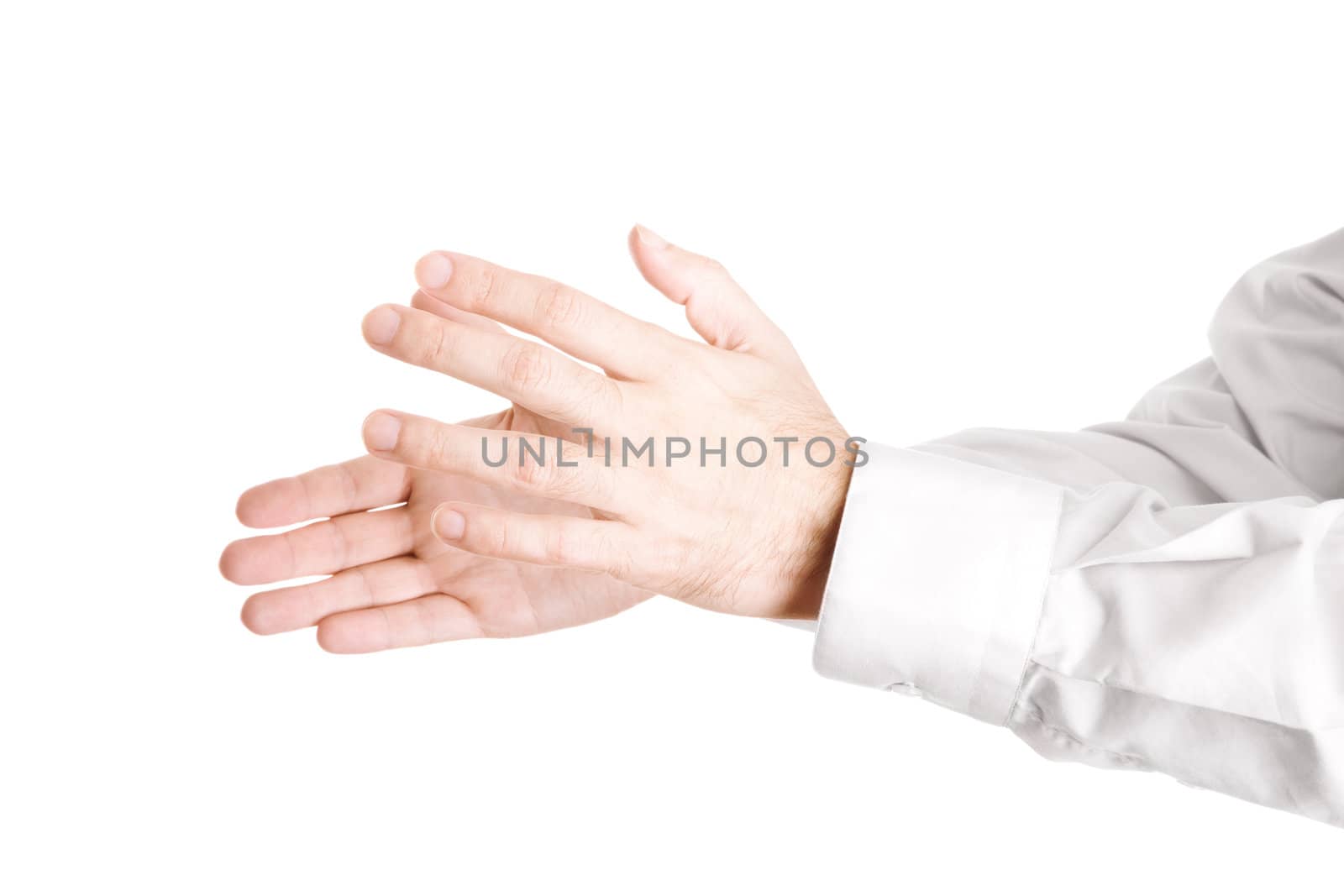 hand of businessman isolated on white background, focus on nearest hand