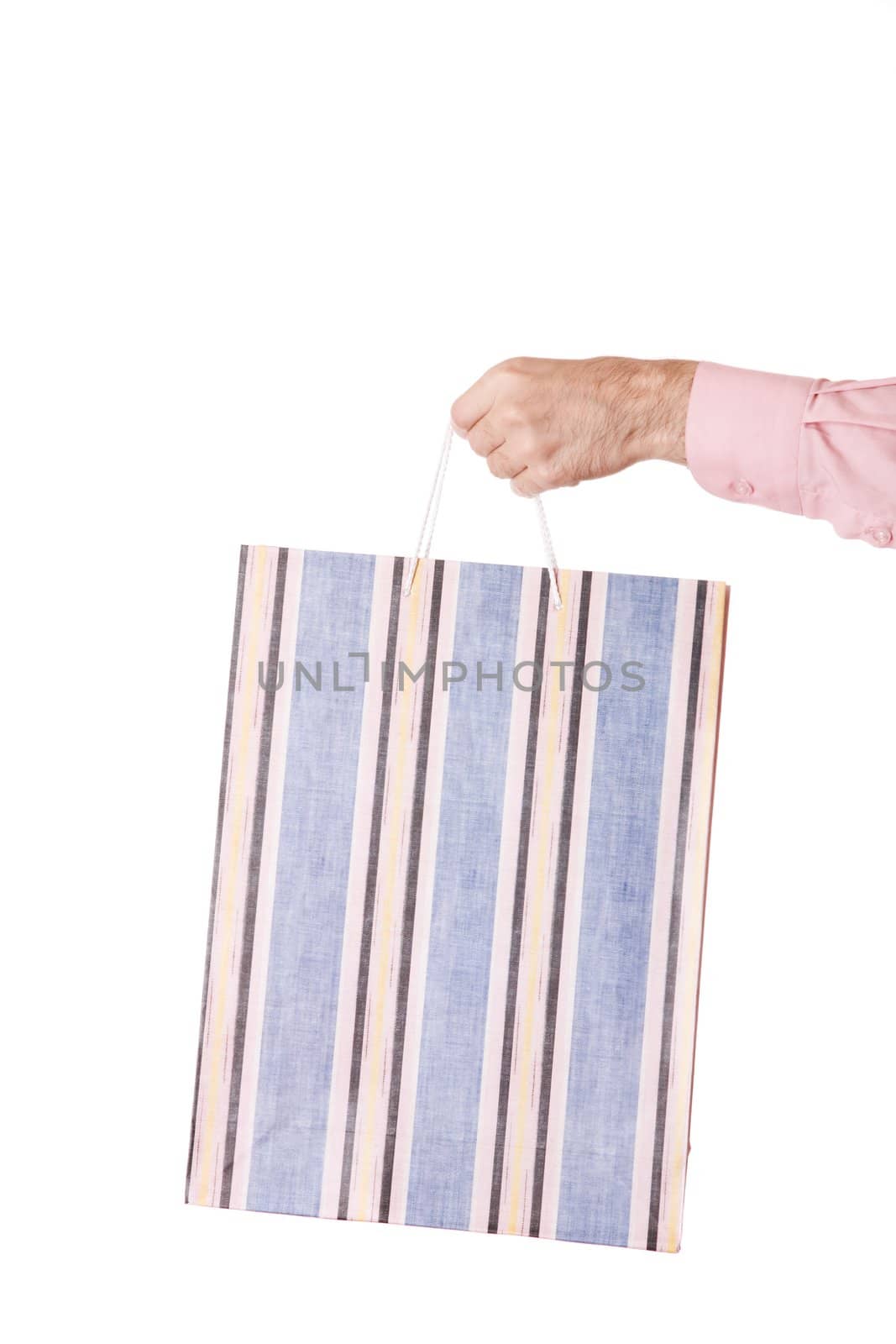 hand with blue pack isolated on white background