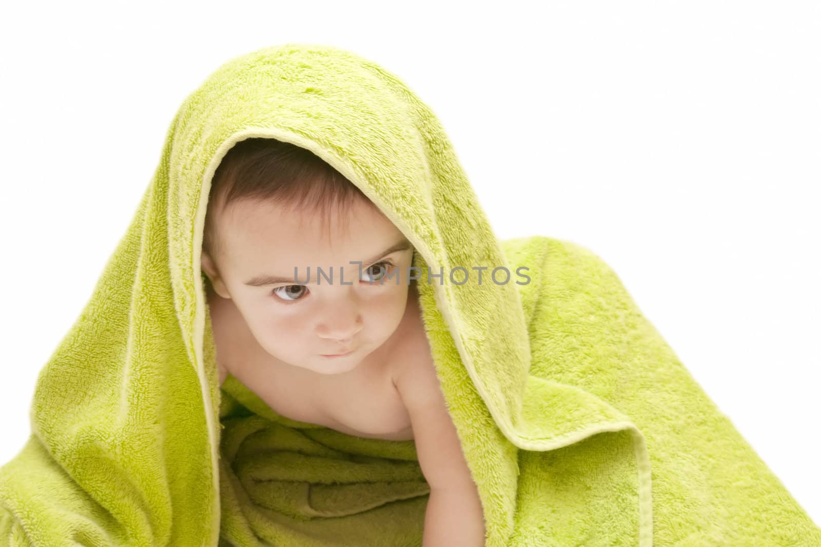 beautiful baby with a towel over your head
