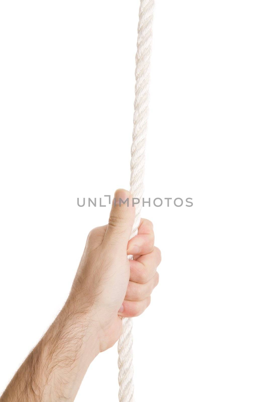hand with rope isolated on white background, focus point  on center of photo
