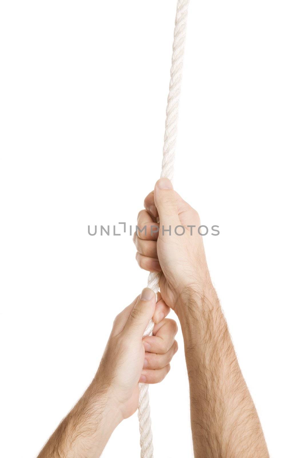 hands with rope isolated on white background, focus point  on center of photo