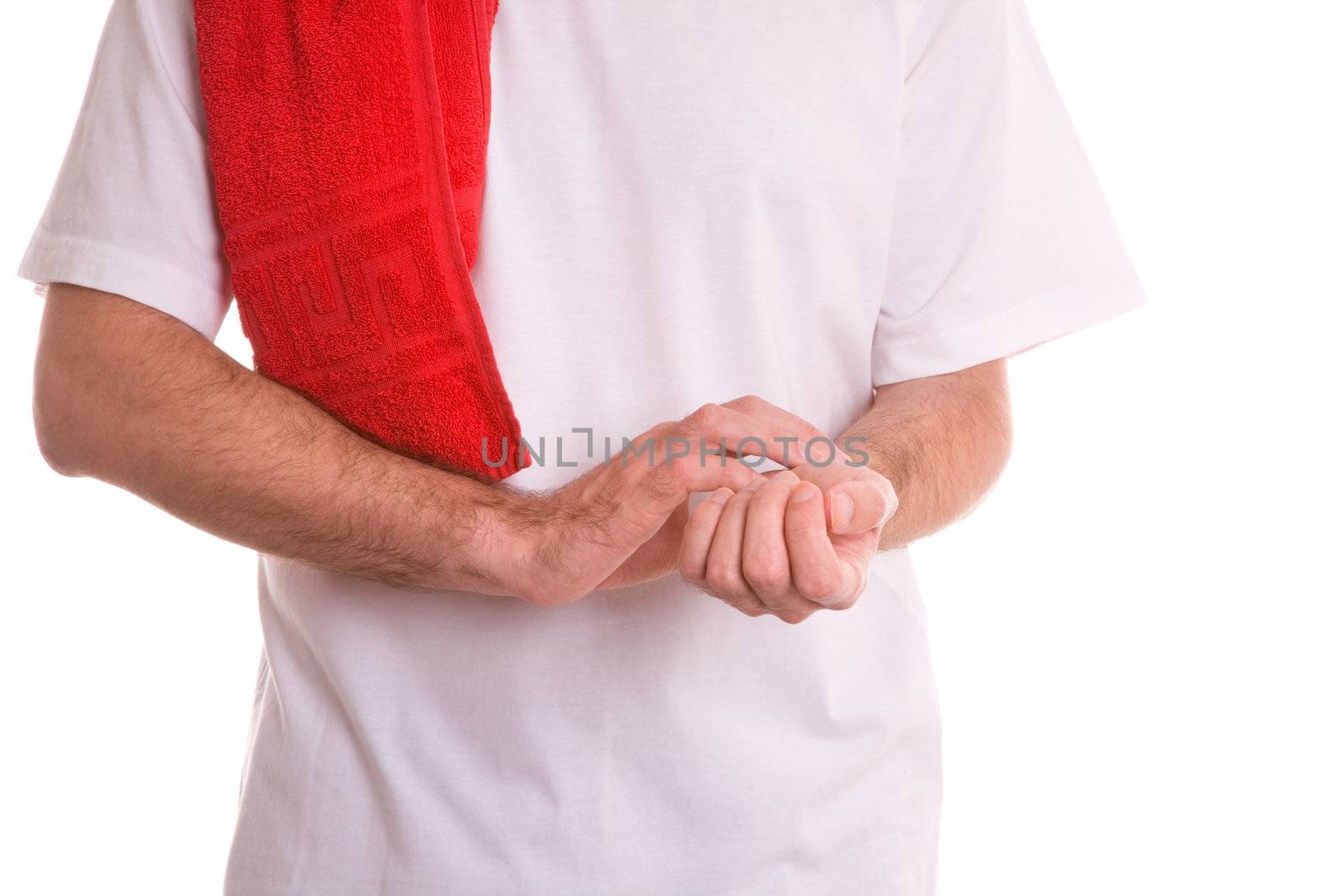 focus point on center of photo( selective hand) isolated on white background