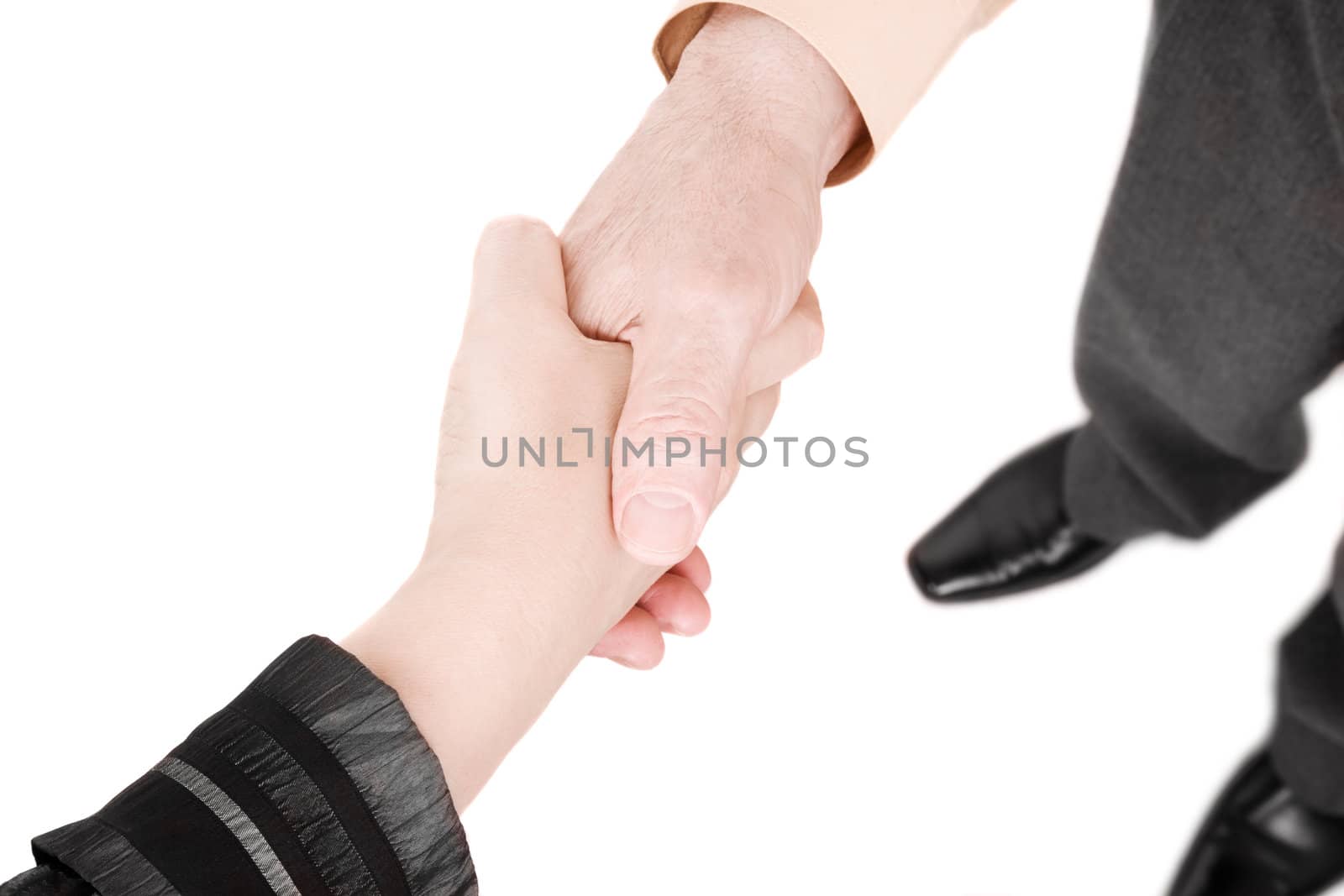 hand of man and woman isolated on white background, focus point on center