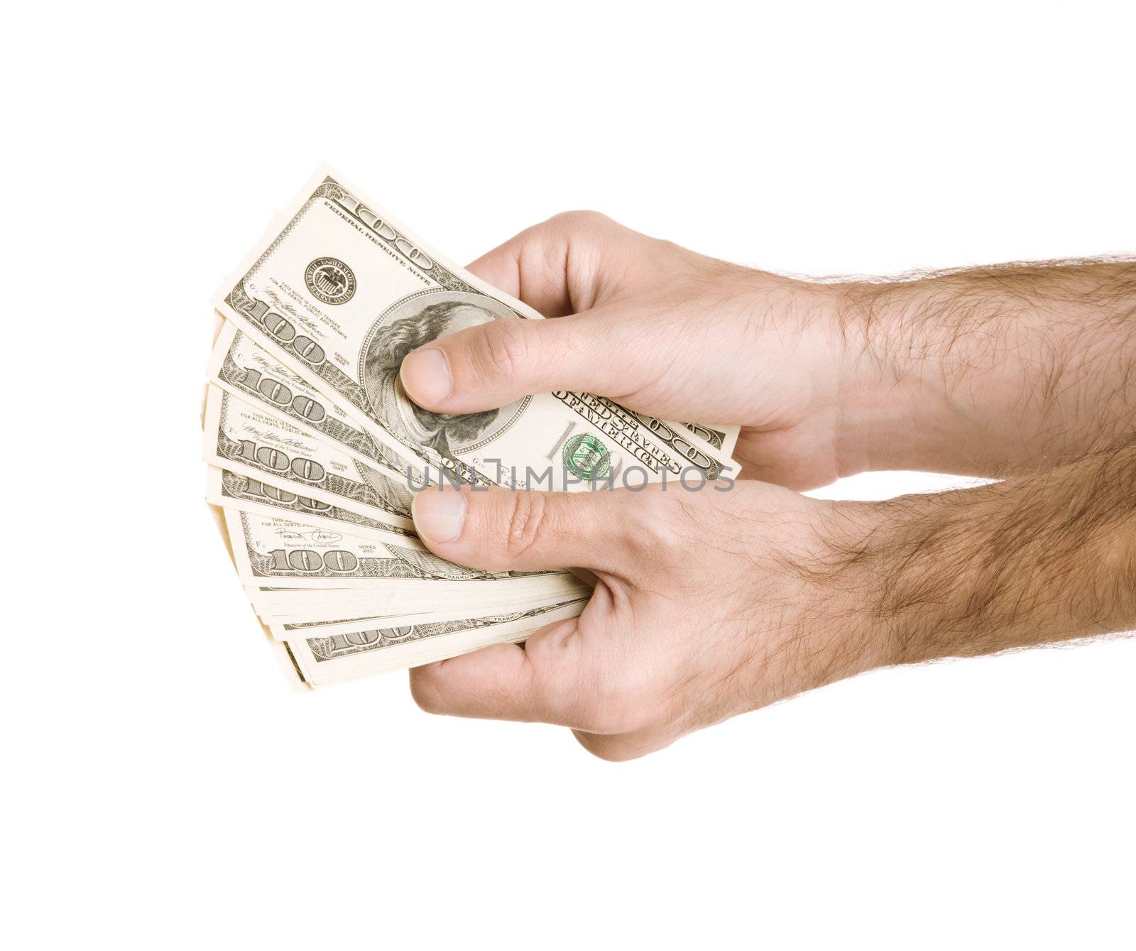 hands with us dollars isolated on white background