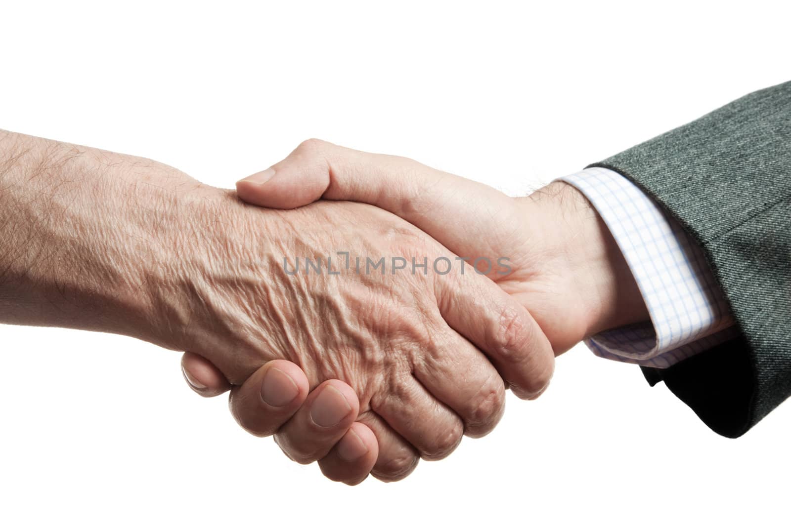 handshake of businessman and poor man, isolated on white background, focus point on center