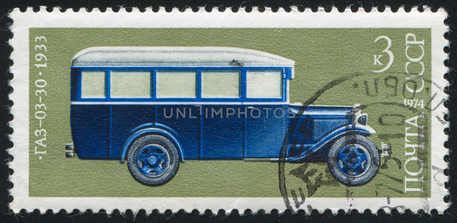 RUSSIA - CIRCA 1974: stamp printed by Russia, shows GAZ 03-30 bus, 1933, circa 1974