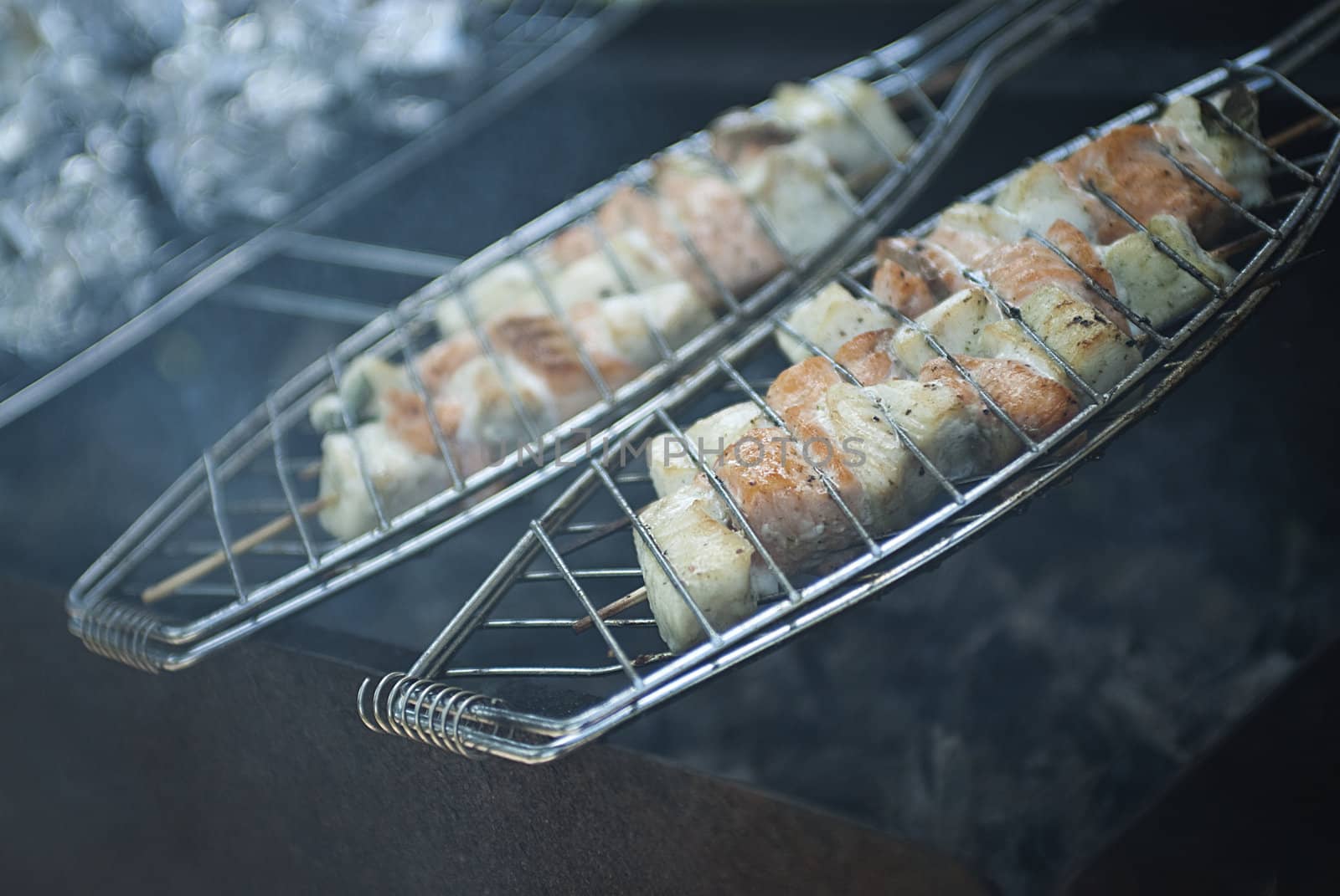 Fish on a grill. Outdoor picnic. Close-up.