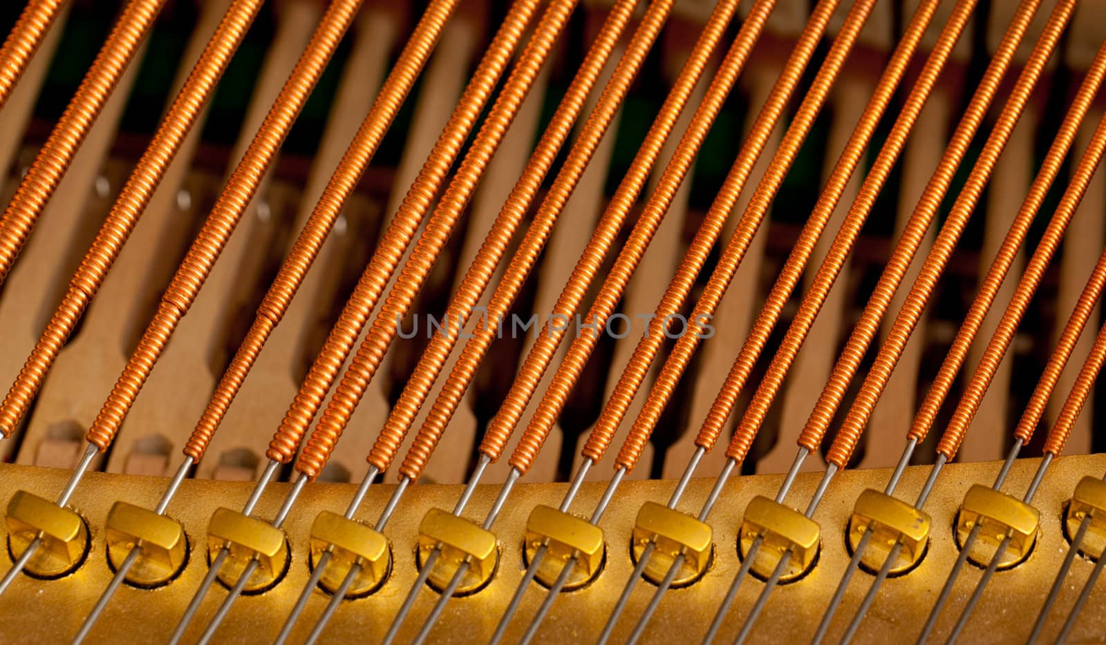 Close up image of interior of grand piano showing strings and structure