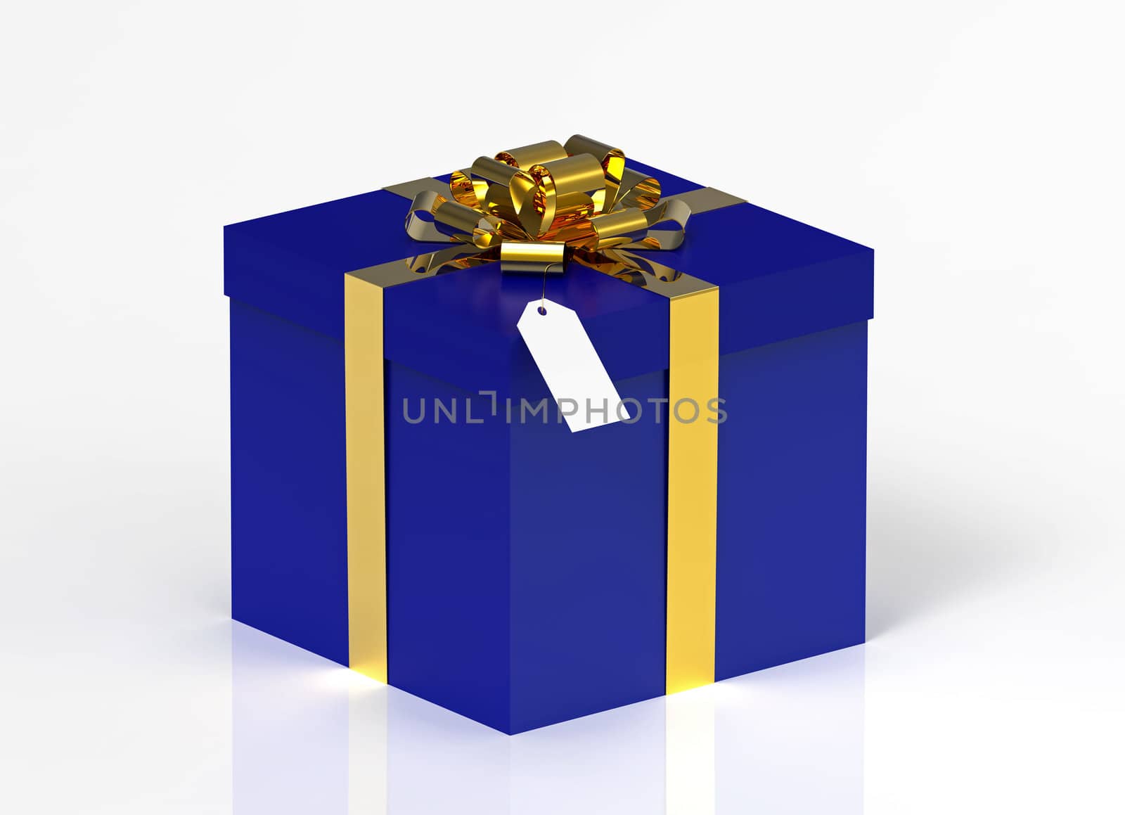 Blue gift box isolated on reflective background