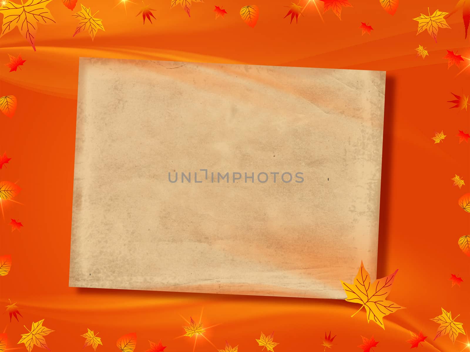 orange background with autumn leaves and old paper