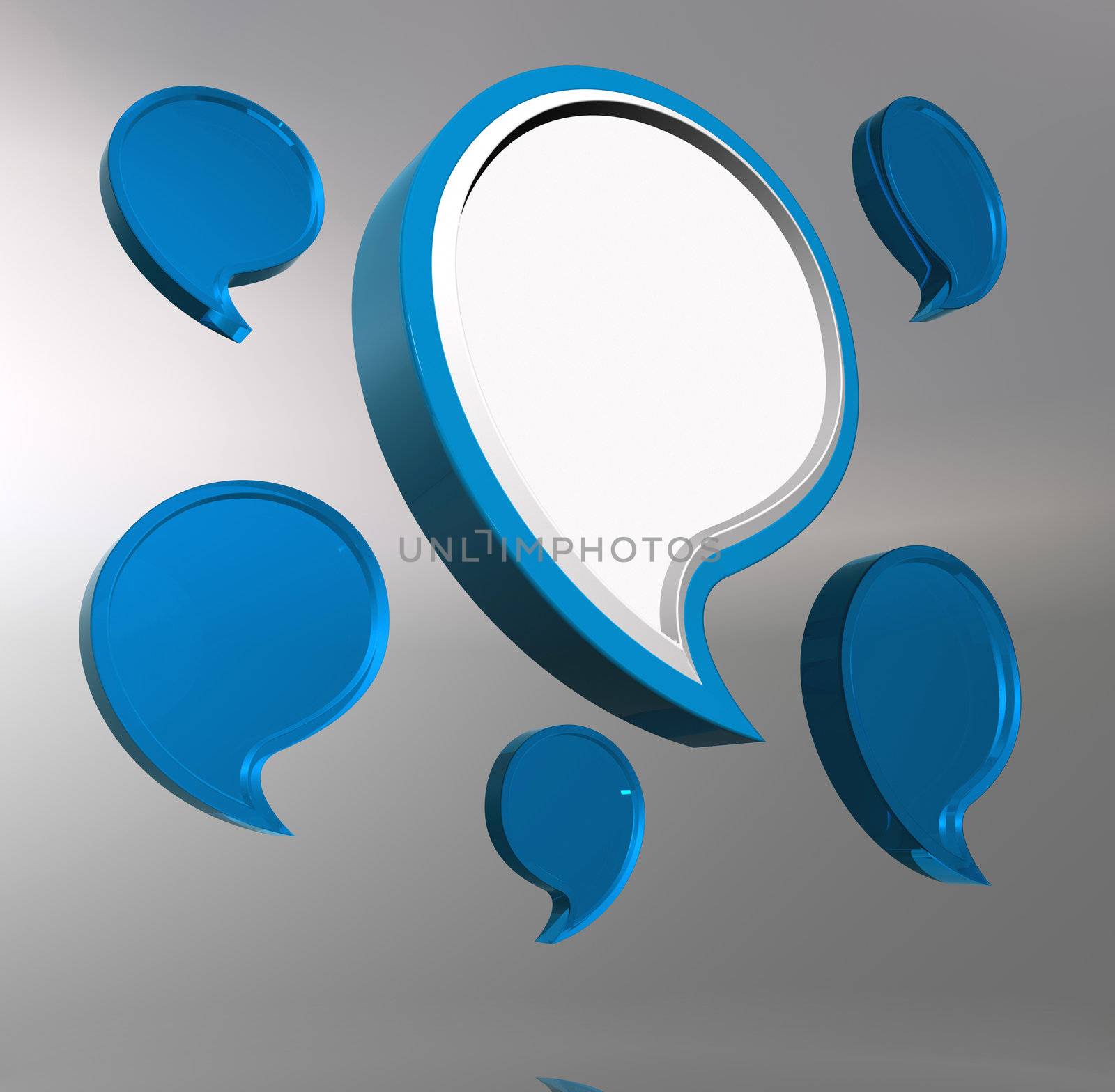 3D reflective dialogue bubbles on grey background.