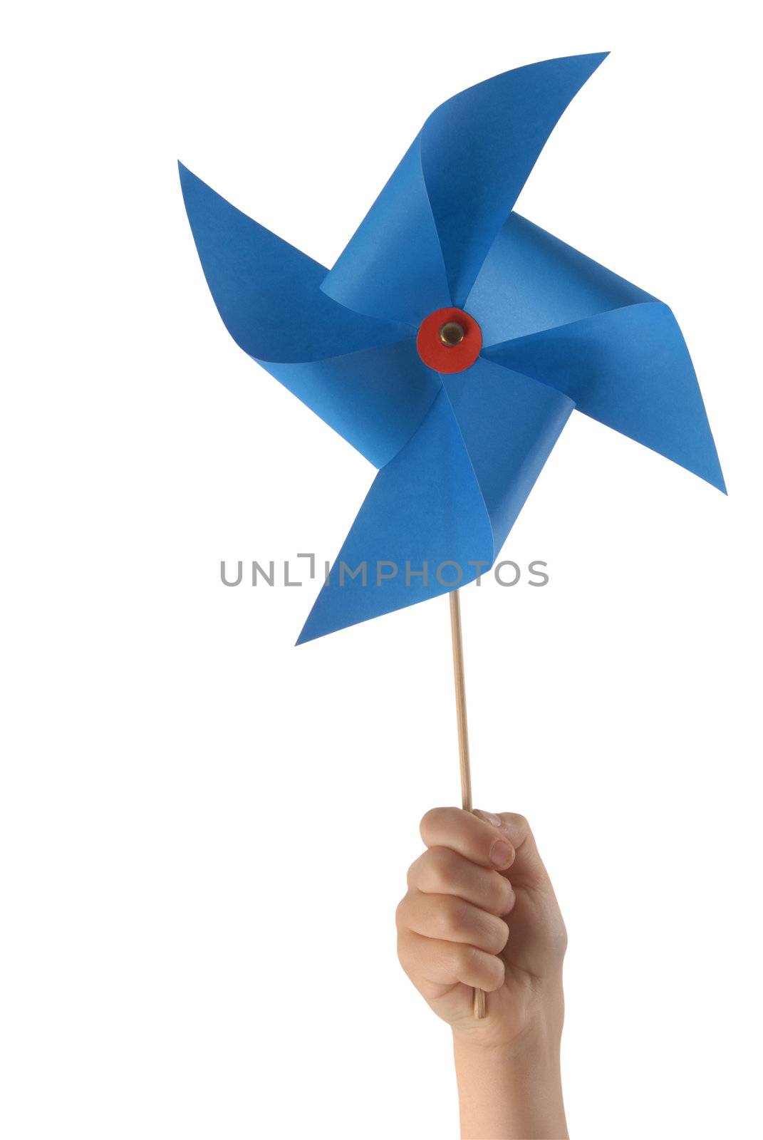Kid hand holding a blue pinwheel close up isolated on white background. 
Included clipping path, so you can easily cut it out and place over the top of a design.