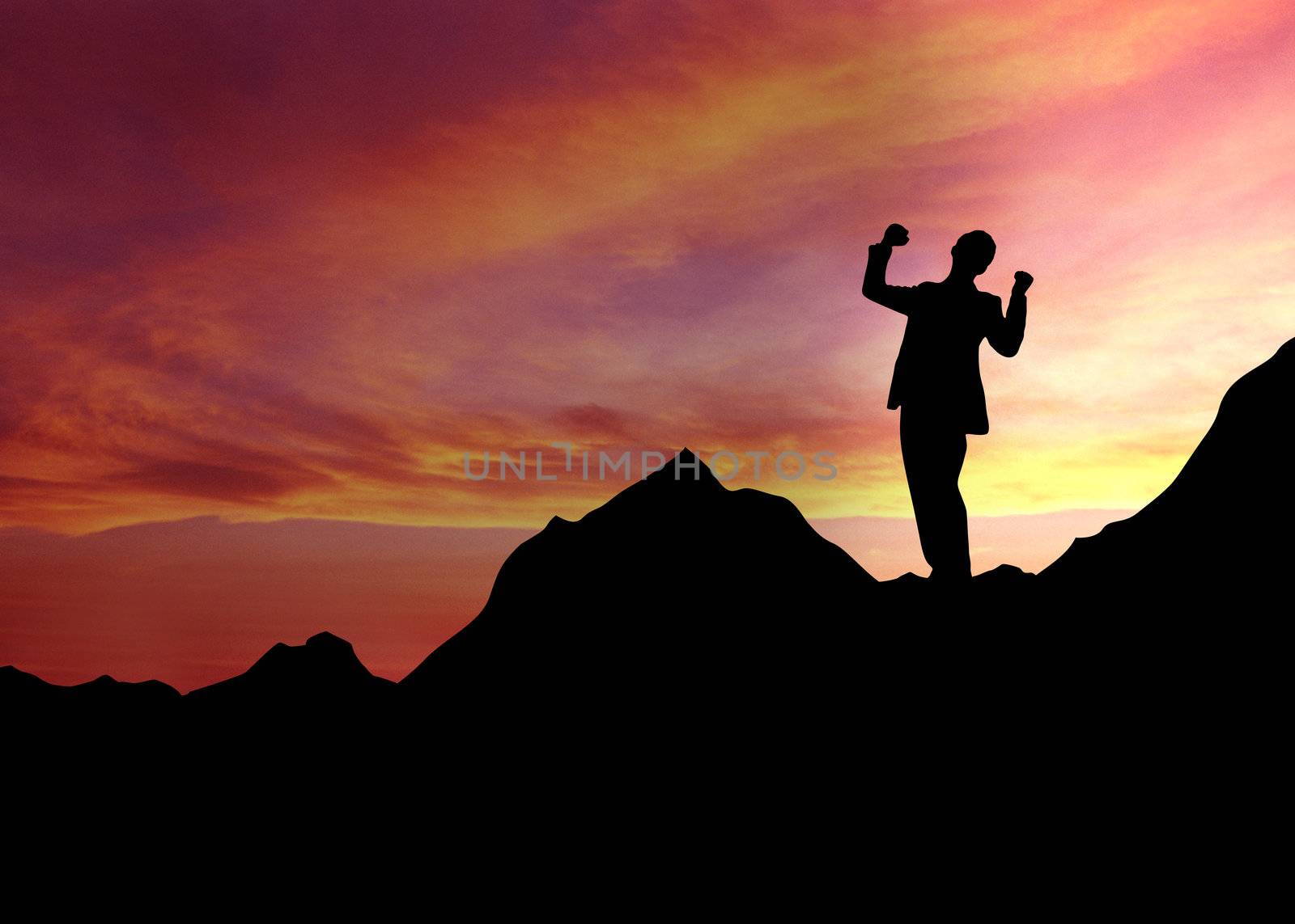 High resolution graphic of a man standing on top of a mountain. 