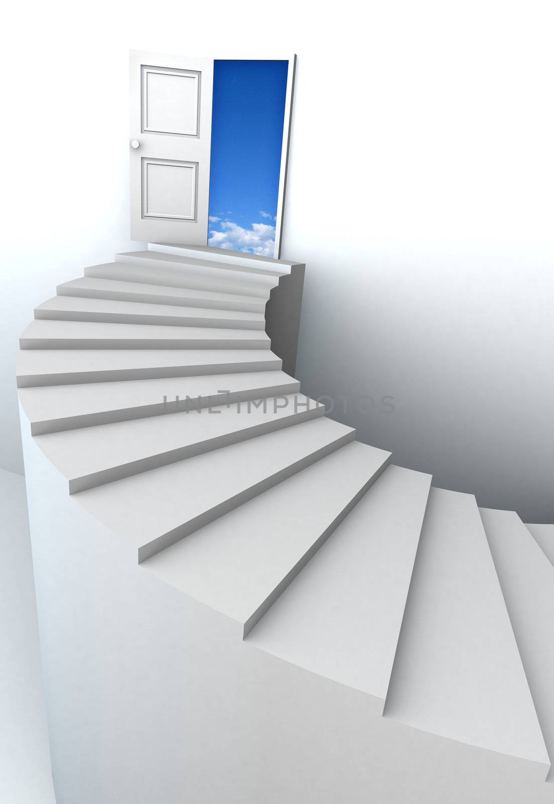 Open door to business success with 3d stairs. Included clipping path in the door, so you can easily cut it out and place your own subject.