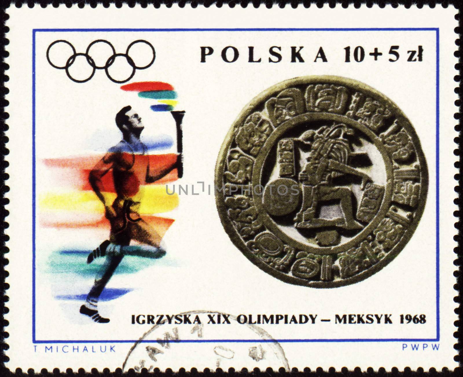 POLAND - CIRCA 1968: A post stamp printed in Poland shows sportsman with torch, devoted to Olympic games in Mexico, series, circa 1968
