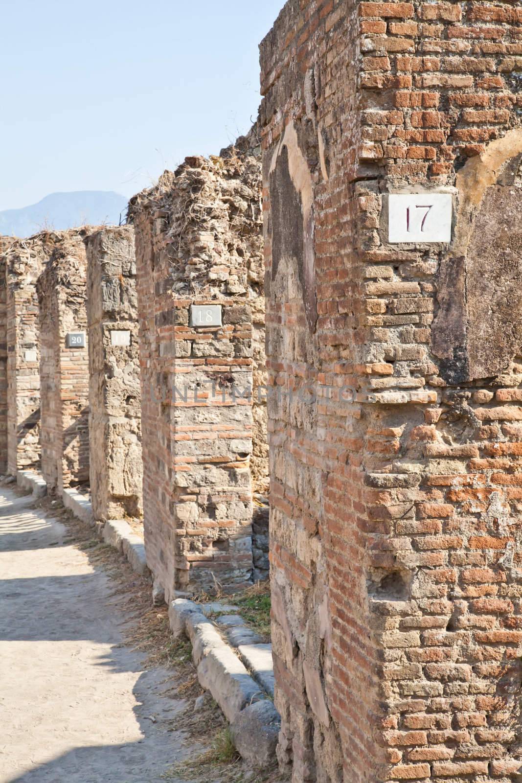 Detail of Pompeii site. The city of was destroyed and completely buried during a long catastrophic eruption of the volcano Mount Vesuvius