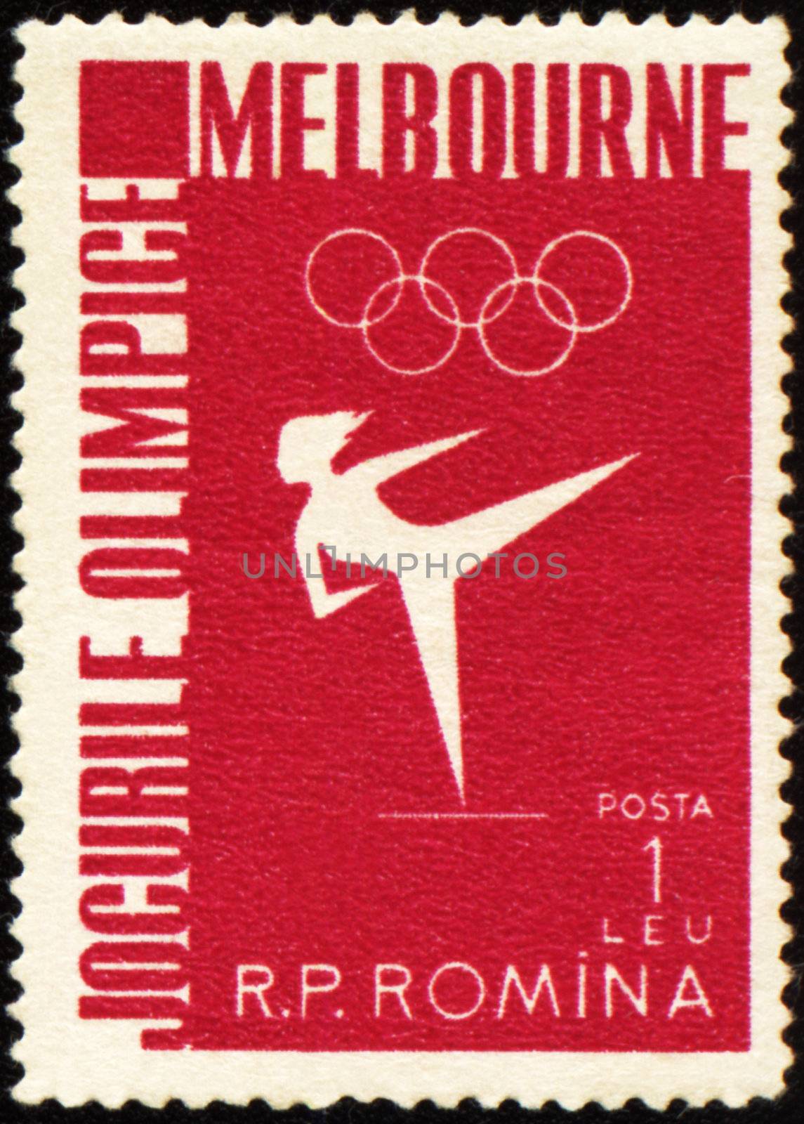 ROMANIA - CIRCA 1956: A post stamp printed in Romania shows gymnastics, devoted to Olympic games in Melbourne, series, circa 1956