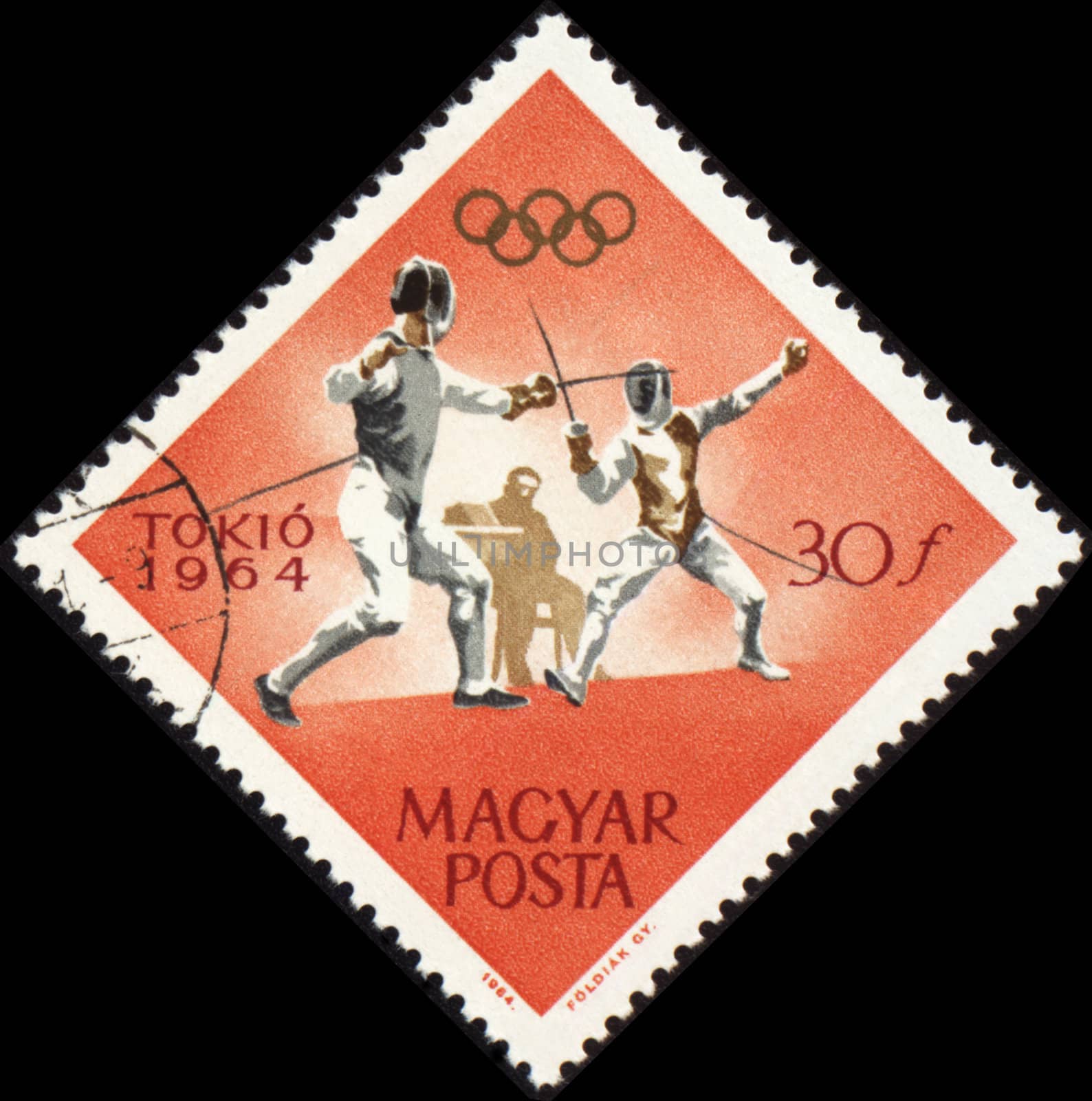 HUNGARY - CIRCA 1964: A post stamp printed in Hungary shows fencing, devoted to Olympic games in Tokio, series, circa 1964