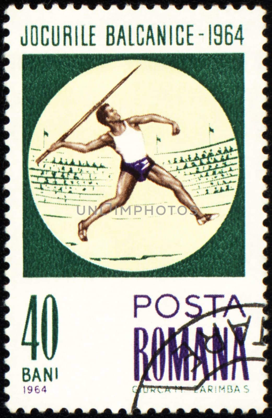 ROMANIA - CIRCA 1964: A post stamp printed in Romania shows javelin throwing, devoted to Balkan games, series, 

circa 1964