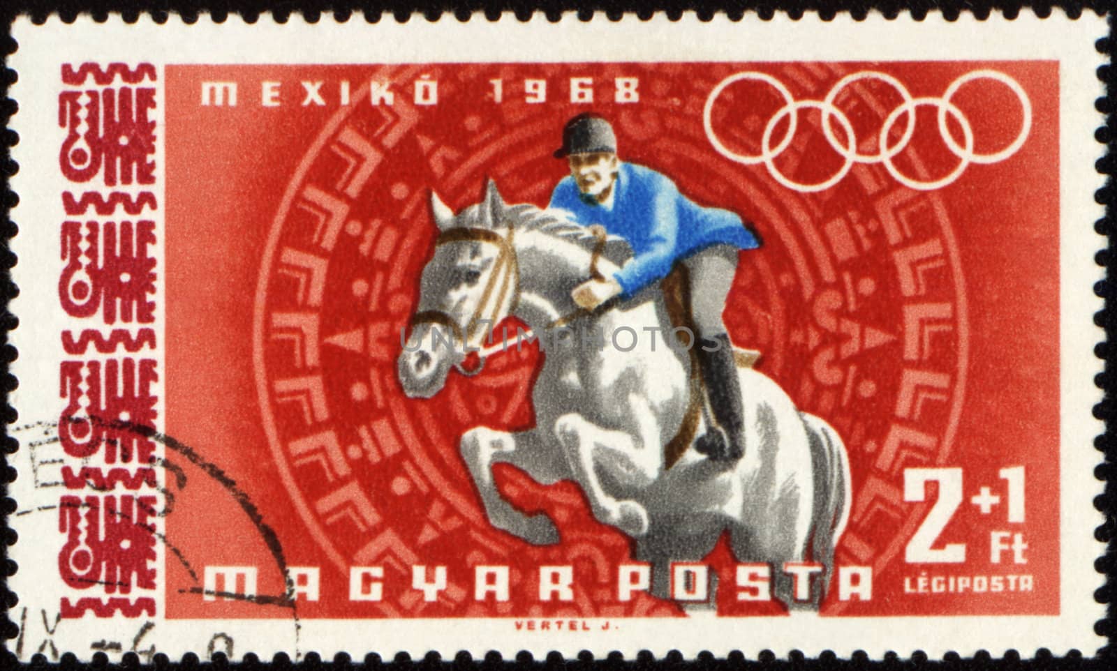 HUNGARY - CIRCA 1968: A post stamp printed in Hungary shows jockey riding horse, devoted to Olympic games in Mexico, series, circa 1968