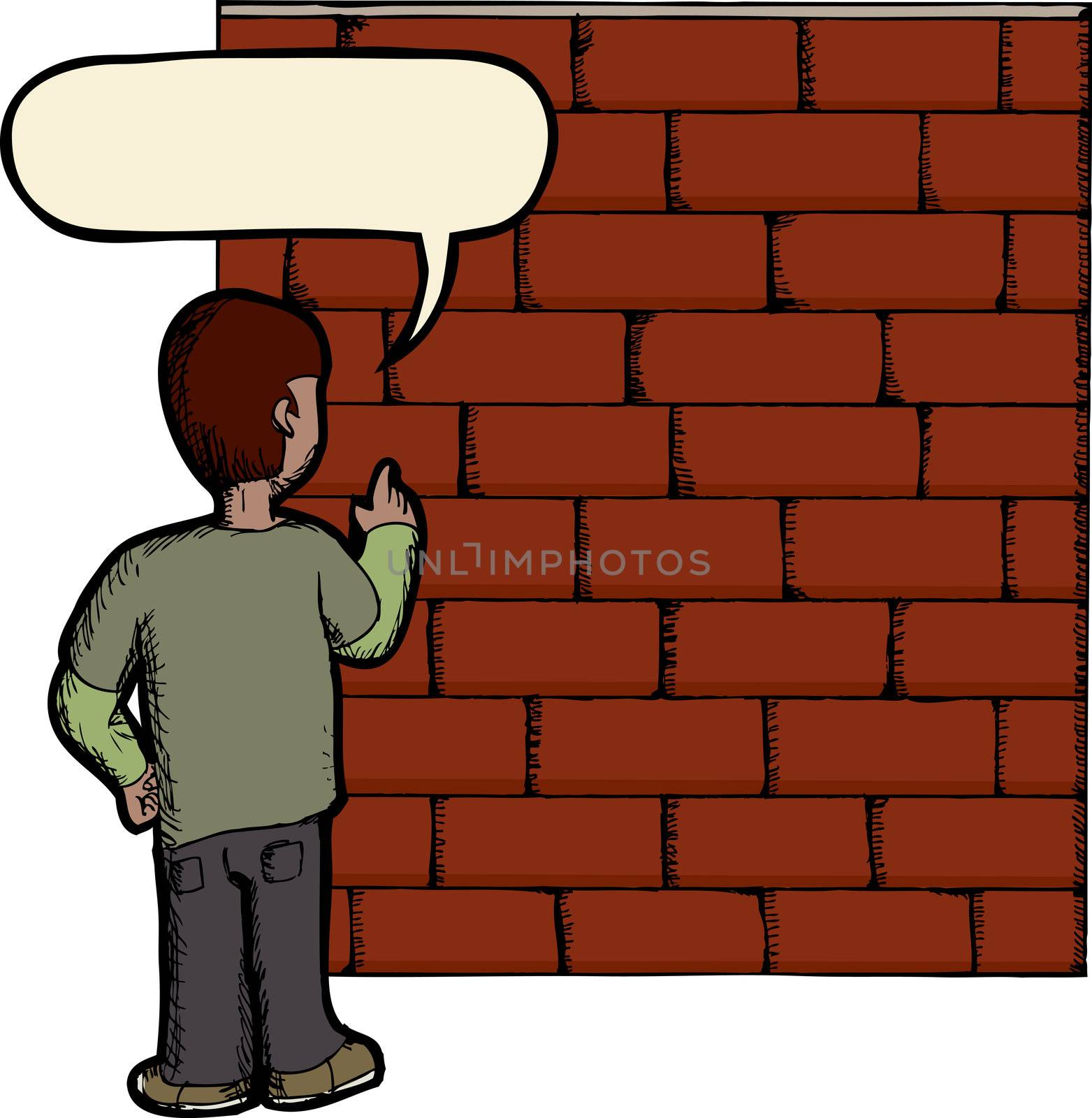 Wordplay illustration of person talking to a brick wall
