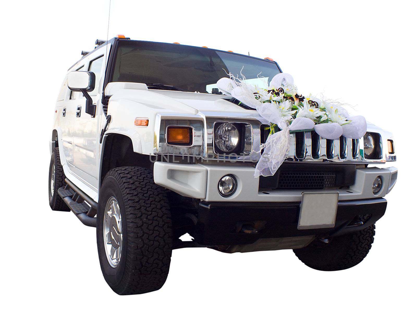 white off-highway car as wedding limousine, isolated on white