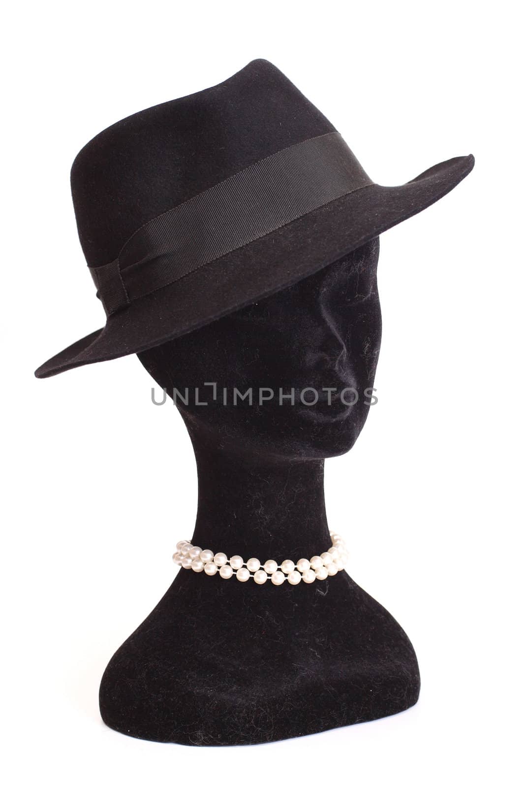 Head a dummy in a hat with beads isolated on white