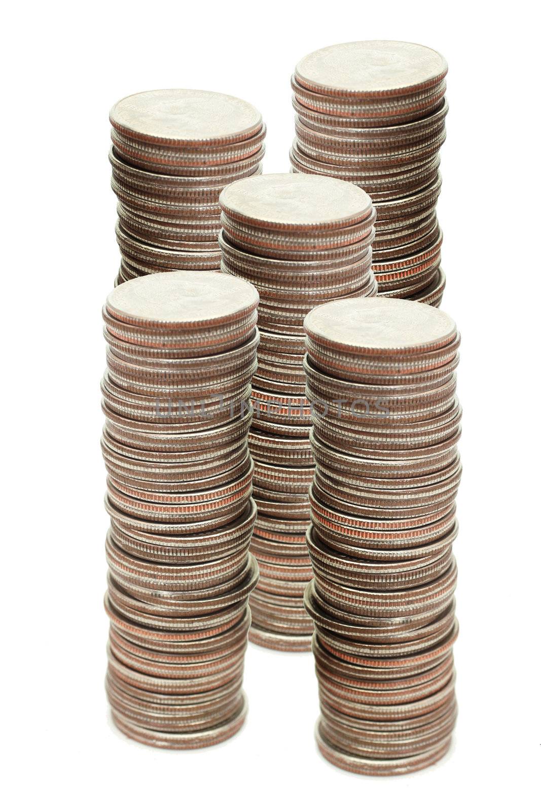Stacks of coins isolated on white