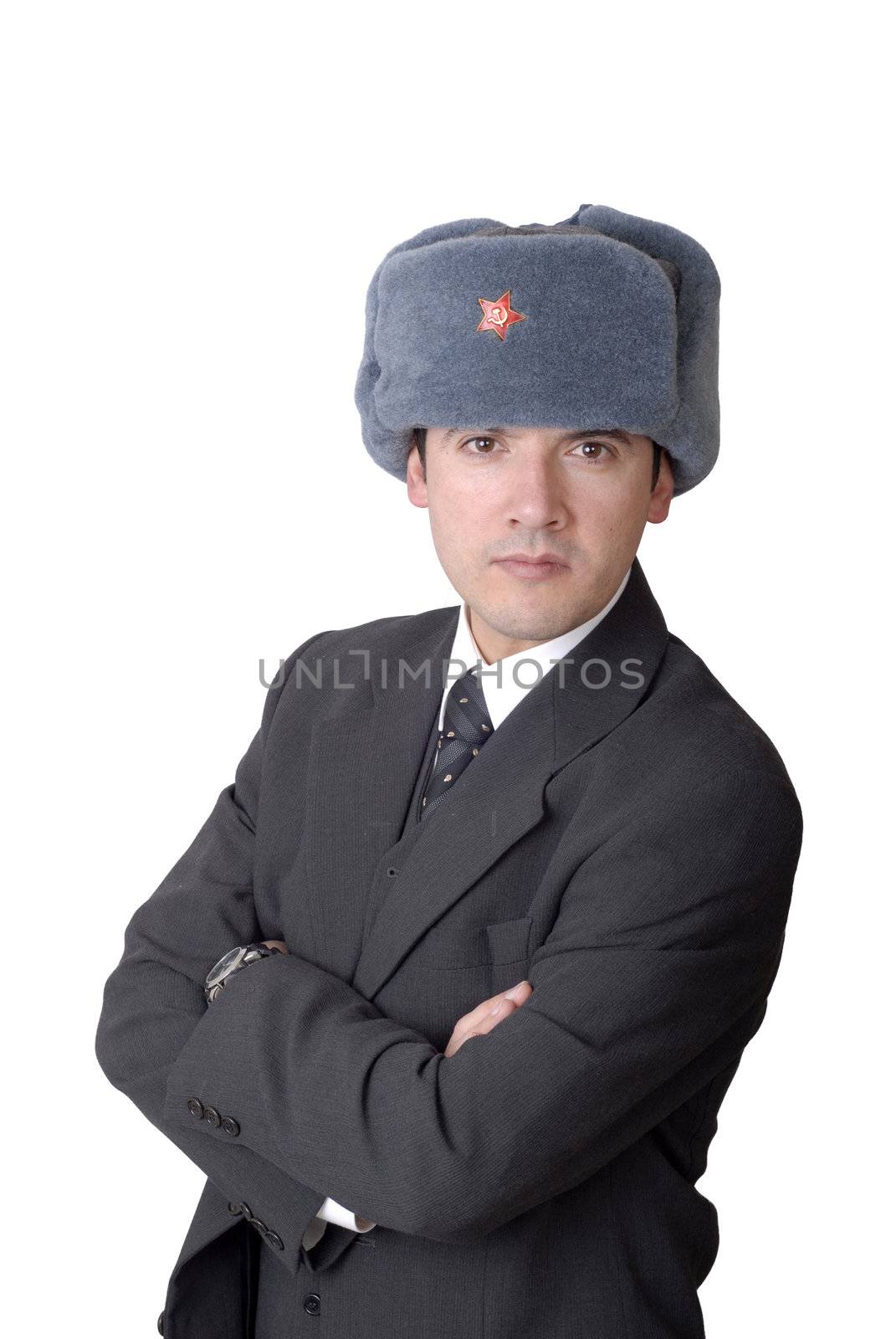 young business man portrait with a russian hat