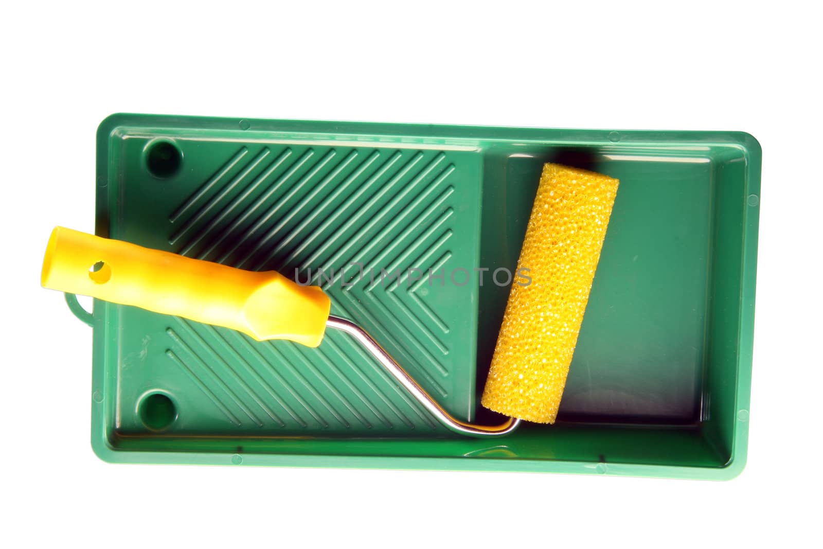 painting equipment roller and pan isolated on white background with path