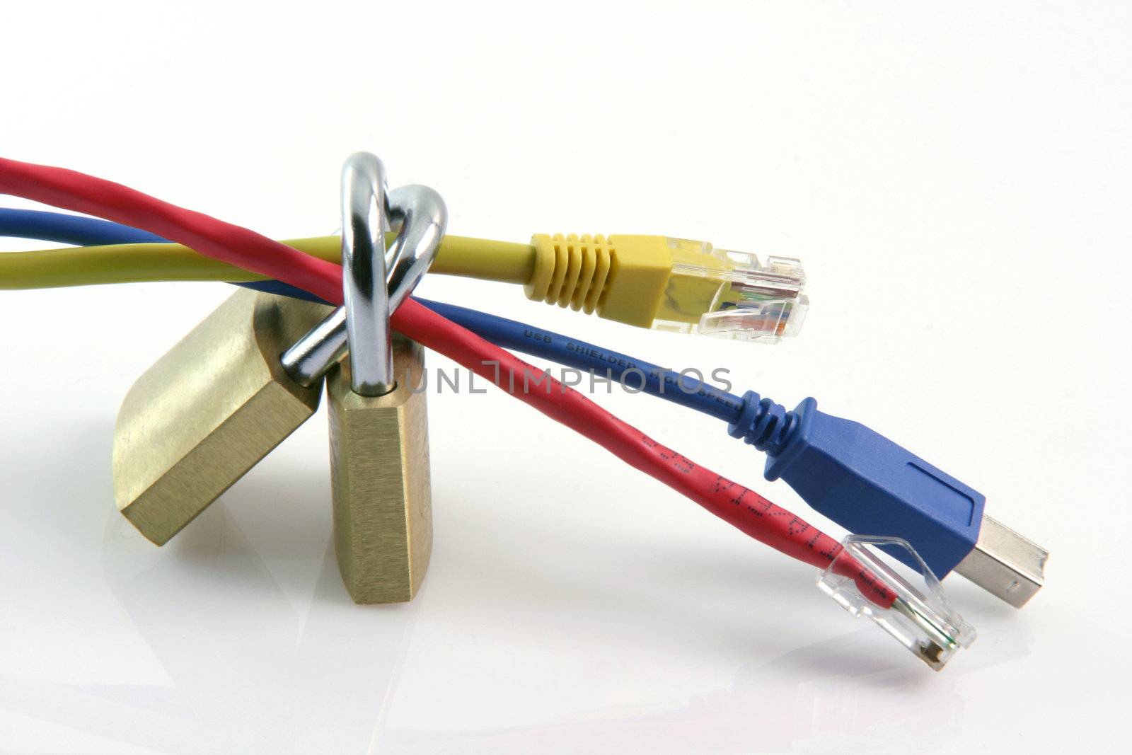 network computer connections safe data transfer concept with two ethenet cables red and yellow and usb blue and two locked padlocks isolated on white background