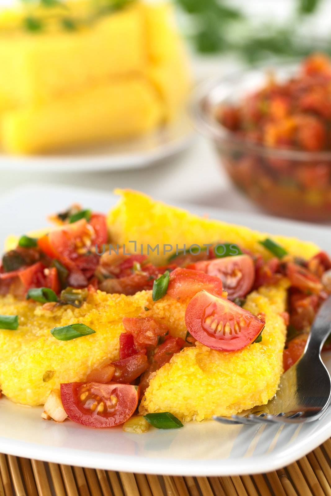 Polenta slices with Hogao, also called Criollo Sauce, which is a Colombian sauce made of tomato, onion and cilantro (Selective Focus, Focus on the front of the two tomato quarters)