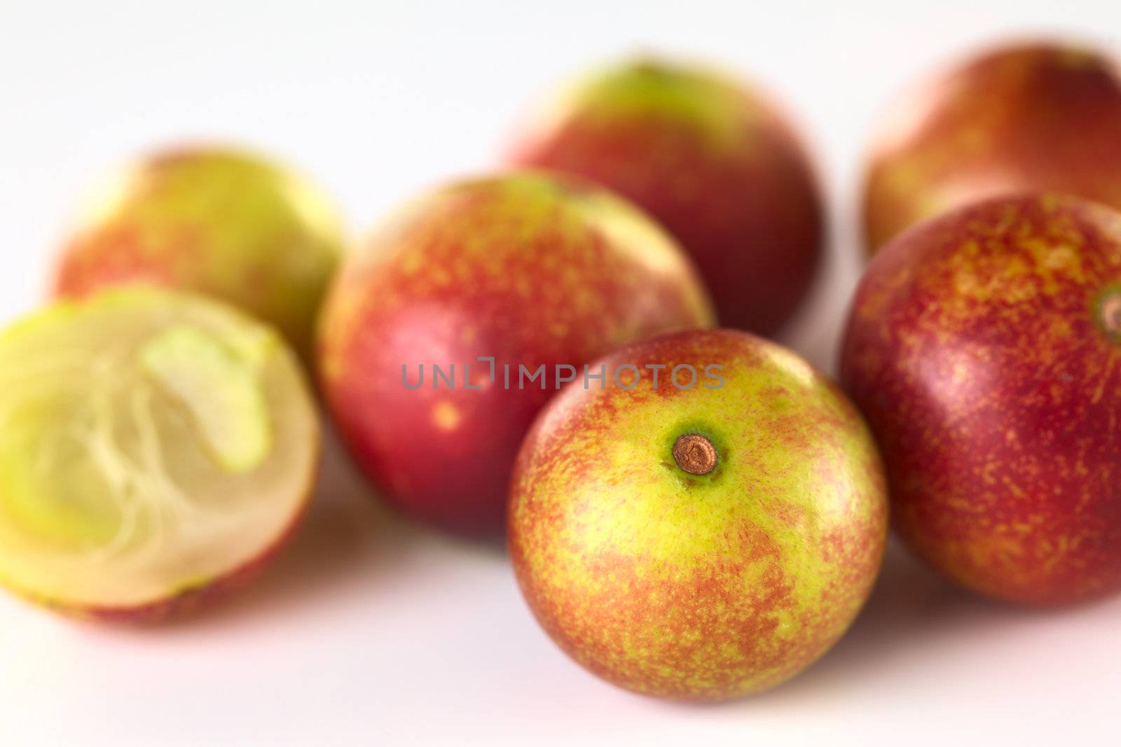 Camu camu berry fruits (lat. Myrciaria dubia) which are grown in the Amazon region and have a very high Vitamin C content (Selective Focus, Focus on the camu camu in the front)