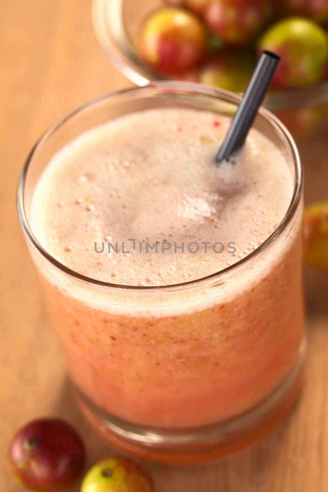 Juice out of Camu camu berry fruits (lat. Myrciaria dubia) which are grown in the Amazon region and have a very high Vitamin C content (Selective Focus, Focus on the front rim of the glass)