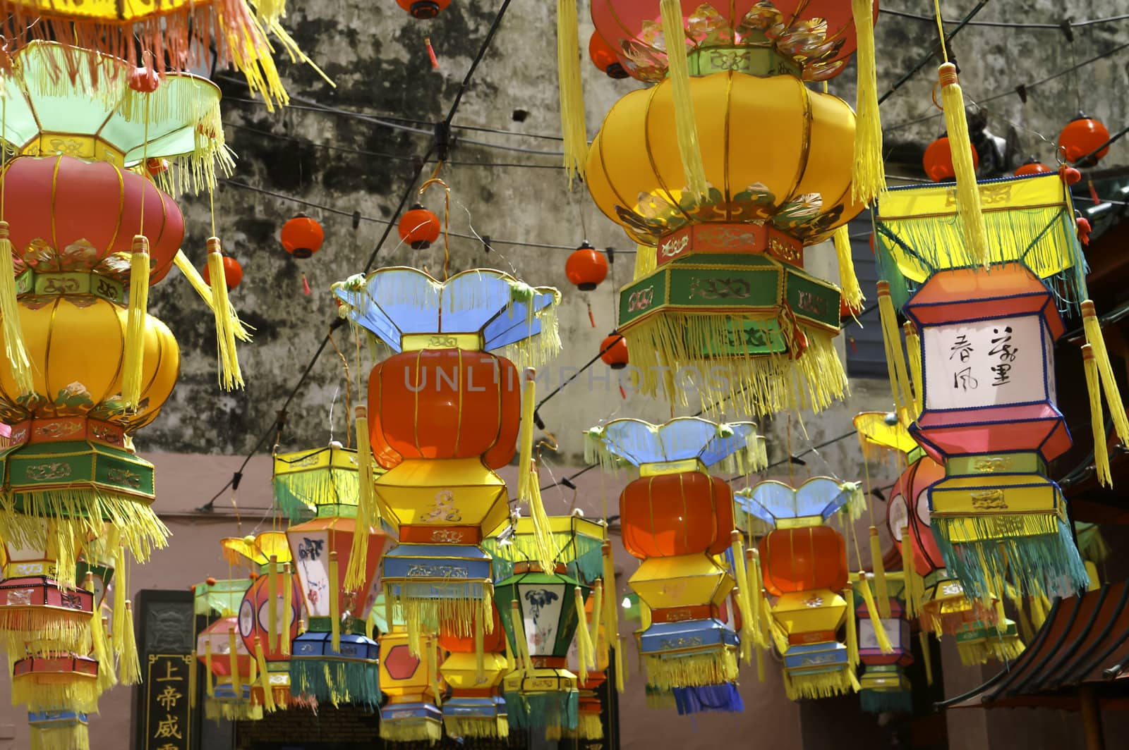 Colorful Chinese Lanterns hung outside a buddhist temple around New Years