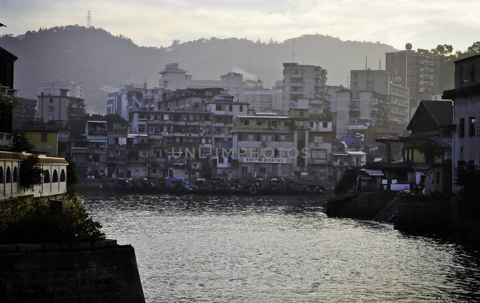 A boatless chinese harbor in the small city of Xiamen