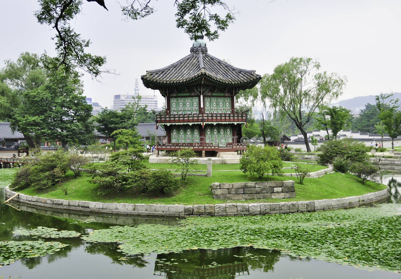 A chinese style pagoda in a buddhist garden in Seoul, Korea