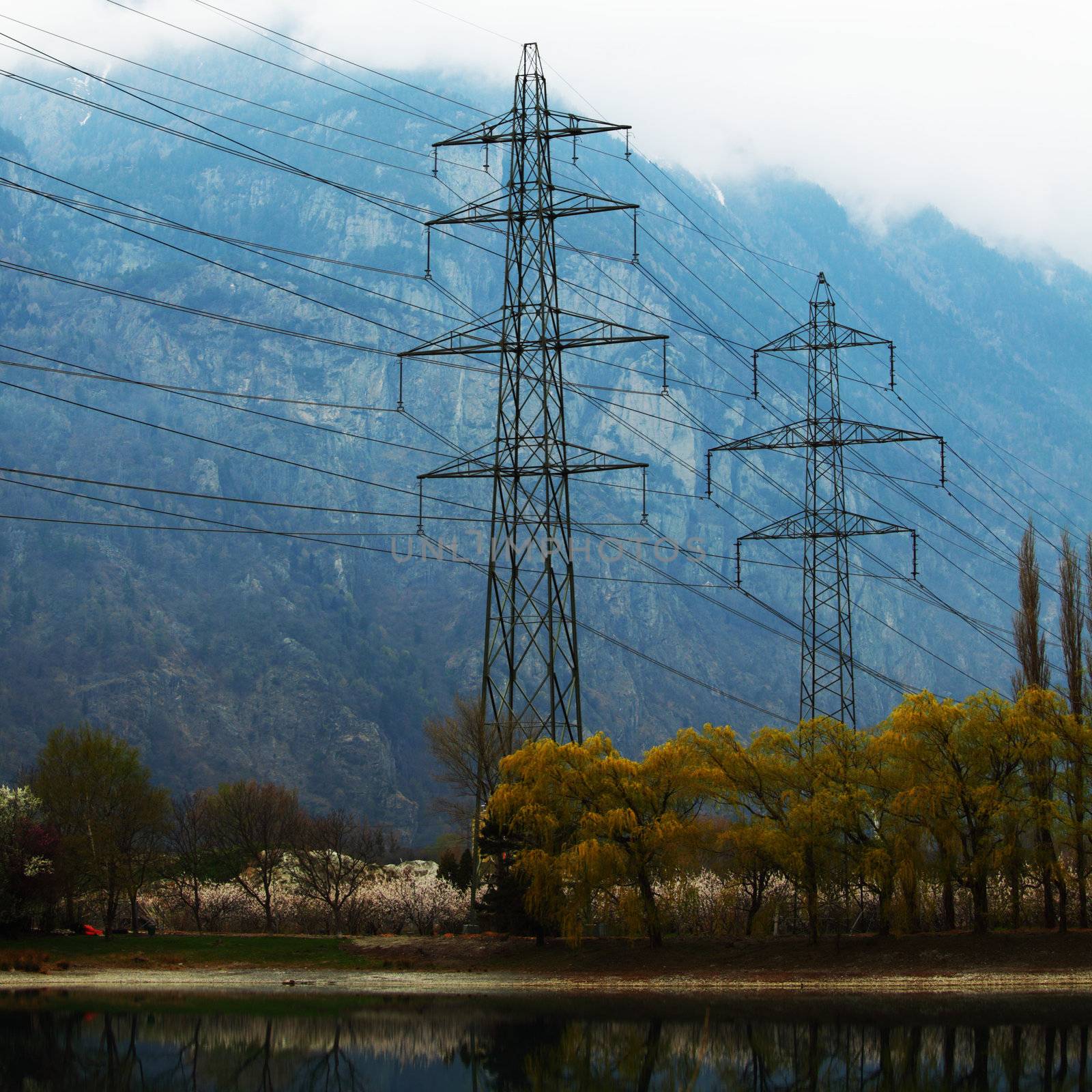 power line in spring mountain